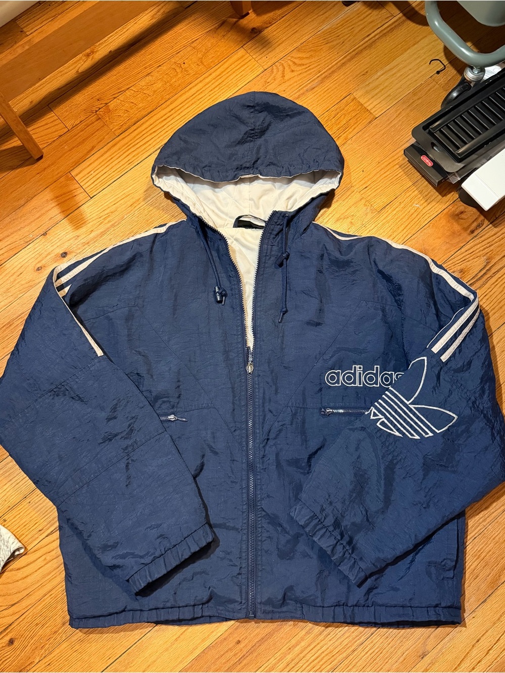 90s adidas Men's Navy Hooded Windbreaker Jacket